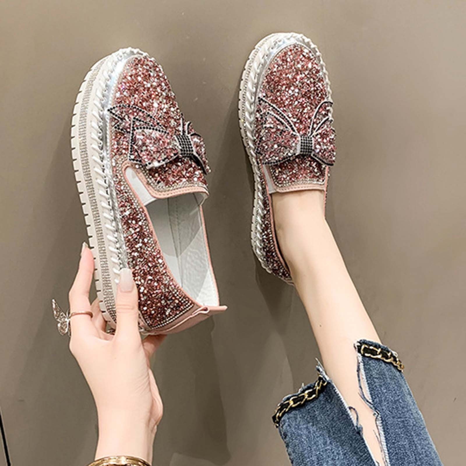 Lovskoo 2024 Women's Platform Shoes Plus-Size Flat Color-Matching  Rhinestones Slip-On Loafers Silver 