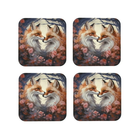 

Coasters Set of 4 - Romantic Pink Flower Fox Drink Coasters for Tabletop Protection Leather Coasters for Living Room Decor and Housewarming Gift Square