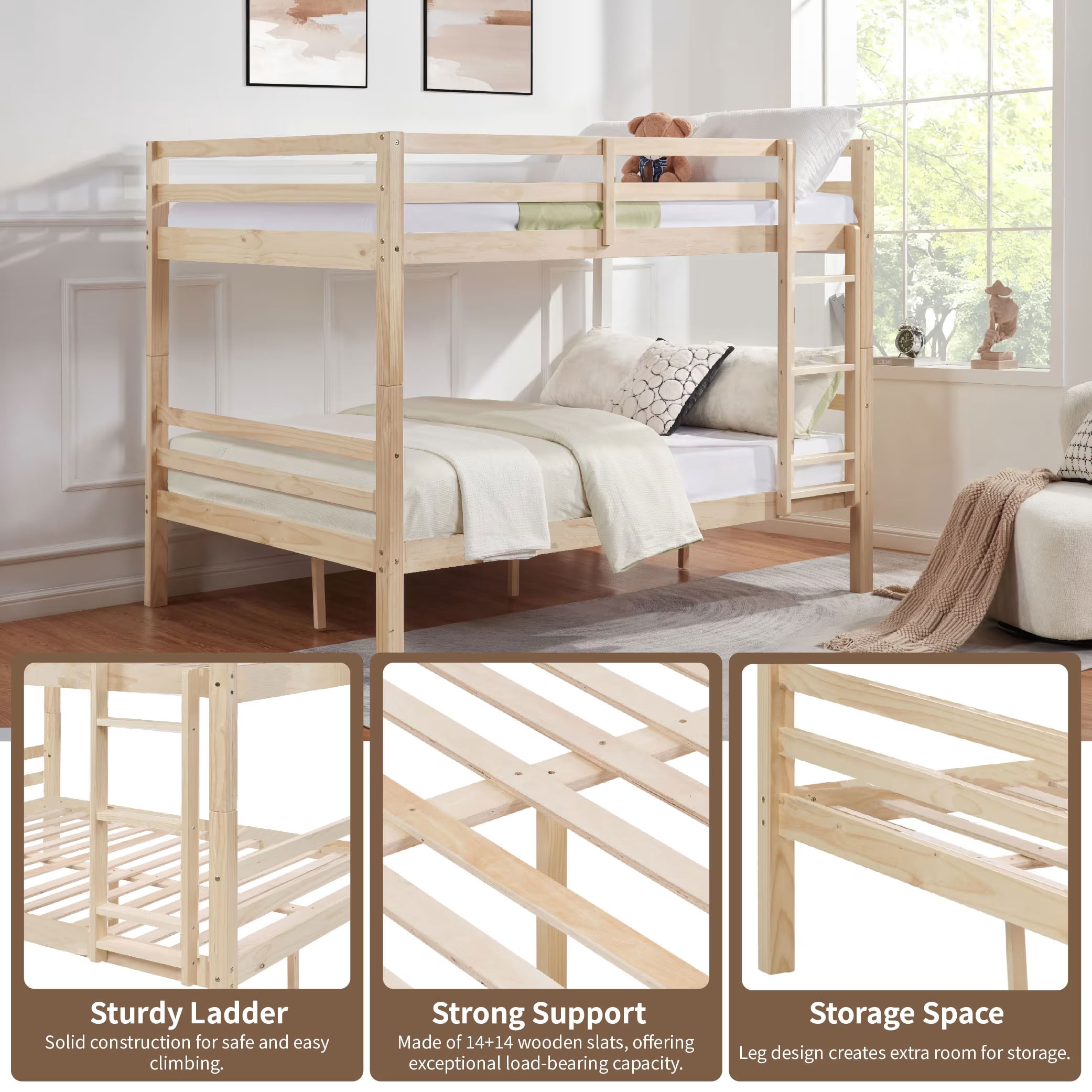 MAYEERTY Full over Full Bunk Bed with Thick Posts, Solid Wood Bed Frame with High Guardrail and Ladder, for Kids Teens Dorm Rooms, No Box Spring Needed