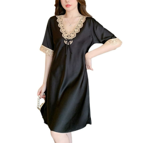 SWSMCLT Women's Satin Nightgown Summer Vintage Soft Casual Fall Lace V Neck Nightgown Short Sleeve Pajama Night Dress Black Medium