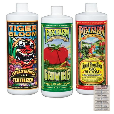 - Fox Farm Liquid Nutrient Trio Soil Formula: Big Bloom, Grow Big, Tiger Bloom (Pack of 3 - 32 oz Bottles) 1 Quart Each + Twin Canaries Chart