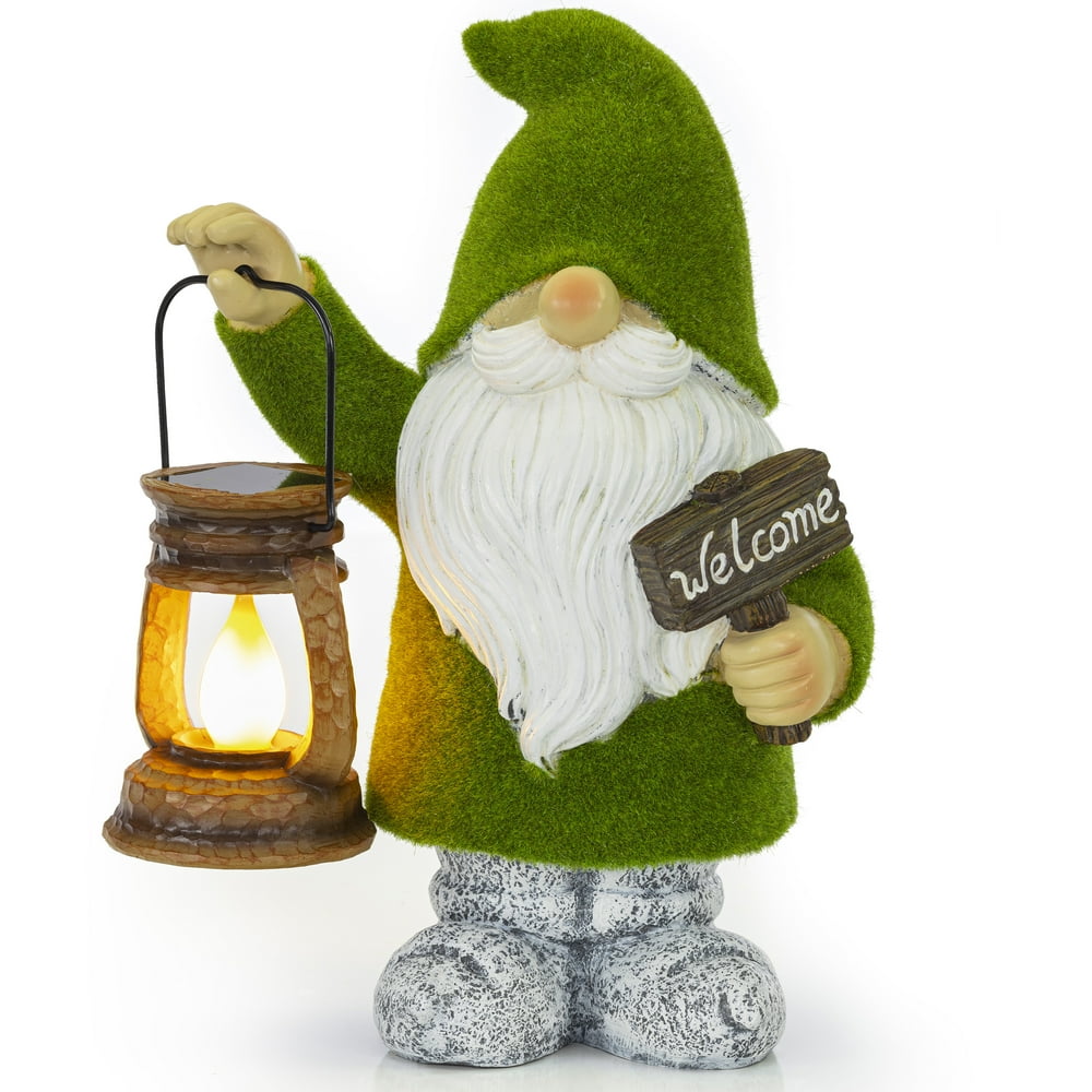 VP Home Flocked Gnome with Lantern Solar Powered LED Outdoor