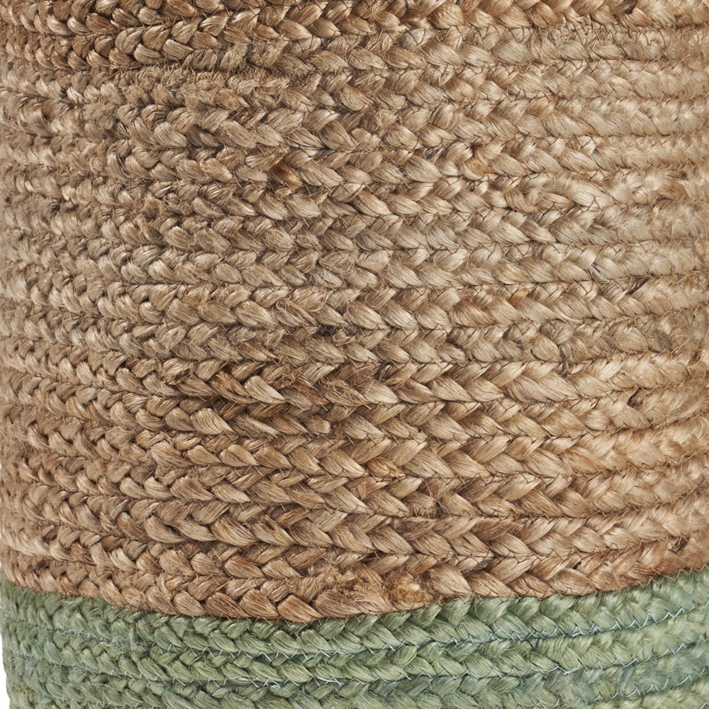 LR Home Woven Round Jute 15" Storage Basket with Handles, Natural/Seafoam Stripe