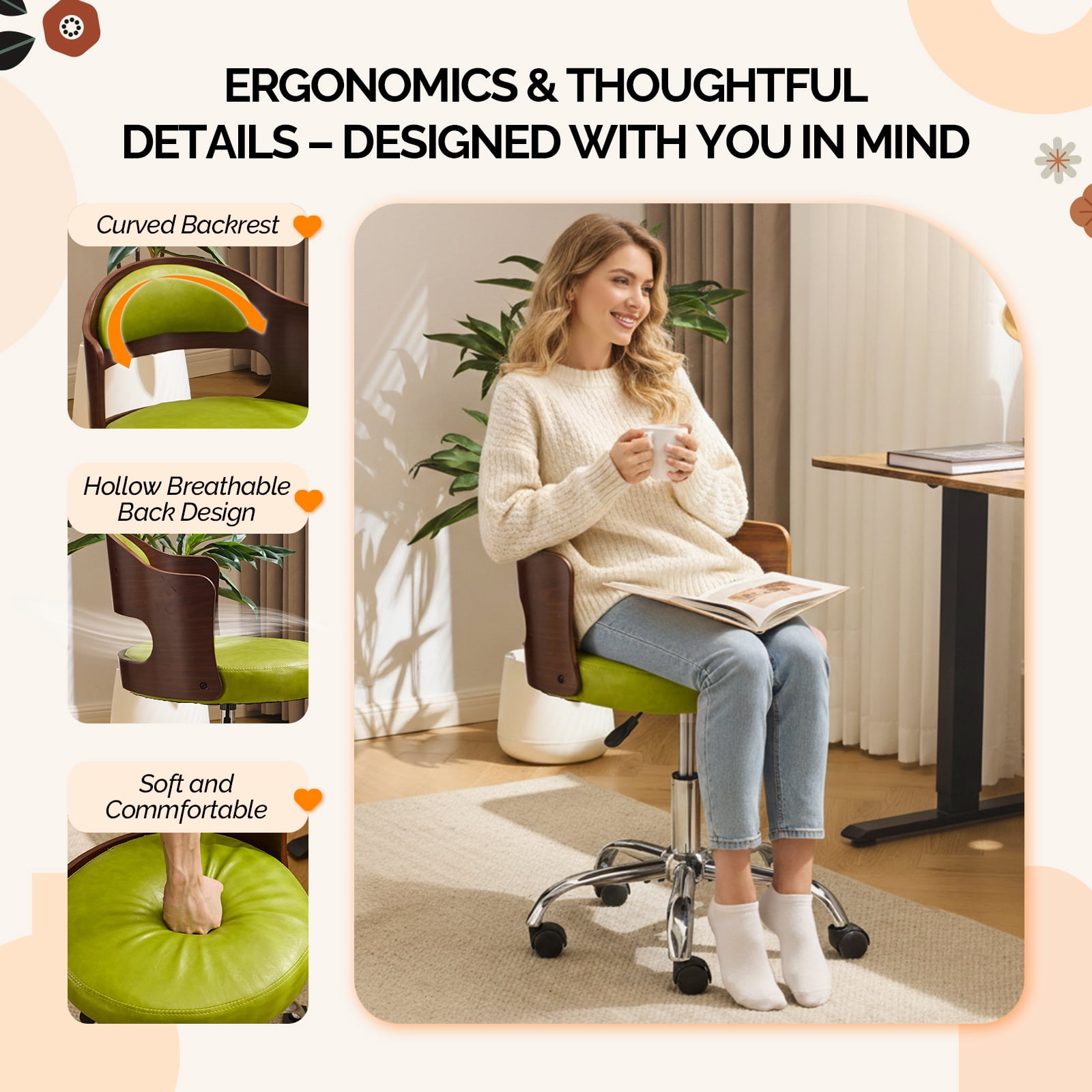 Ktaxon Office Computer Desk Chair with Rolling Wheels, Vanity Stool with Faux Leather Seat, Adjustable Task Chair for Study Make-up Dressing Green