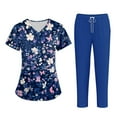 thumbnail image 2 of WTOBBY Plus Size Women's Printed Short Sleeve V-Neck Scrubs Set with Pockets, Animal Floral Print, 2-Piece Nursing Uniform, Medical Workwear for Healthcare Professionals,Blue L, 2 of 4