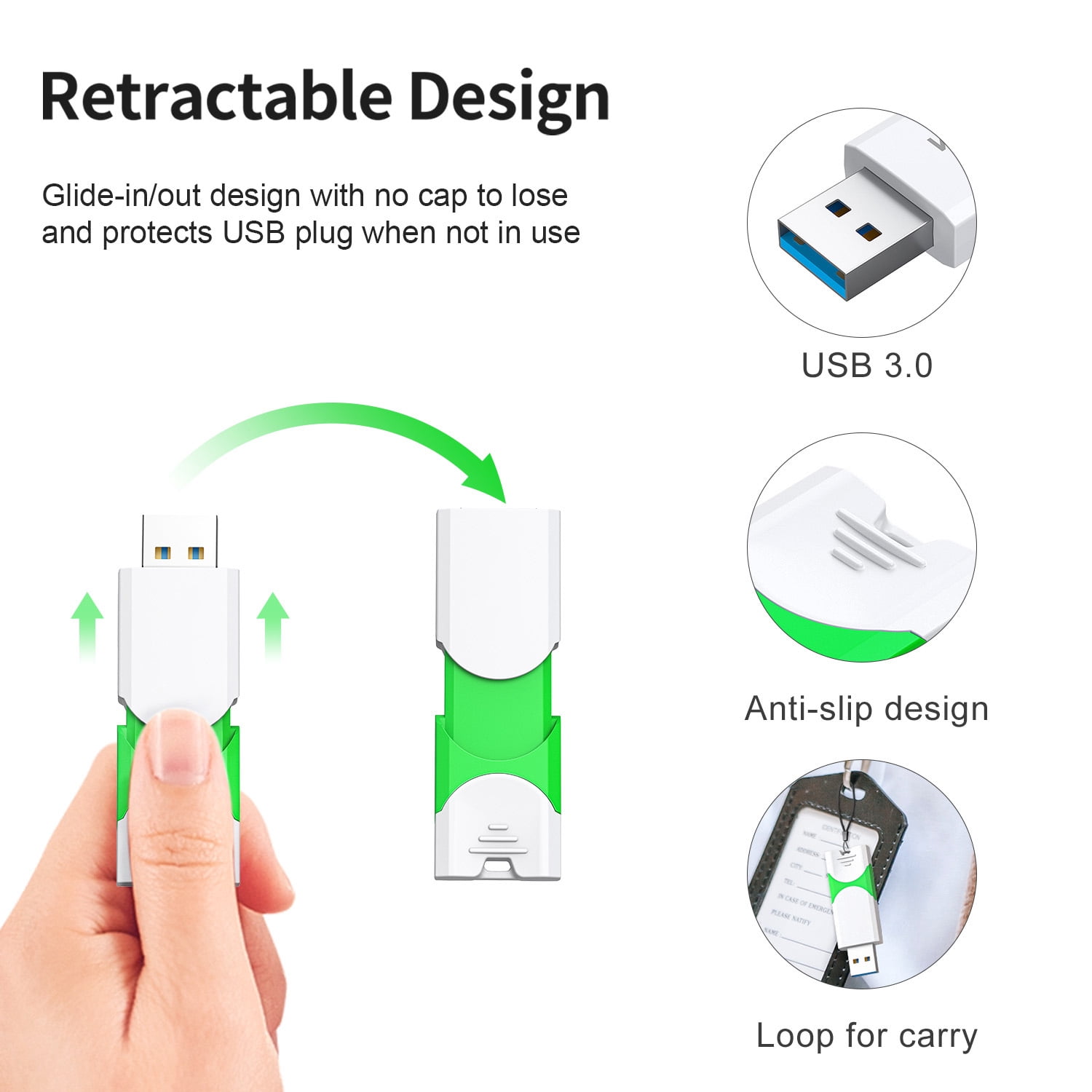 128GB USB Flash Drive 3.0 Retractable Thumb Drive Portable Pen Drive Slim Jump Drive USB Memory Stick Greenish White