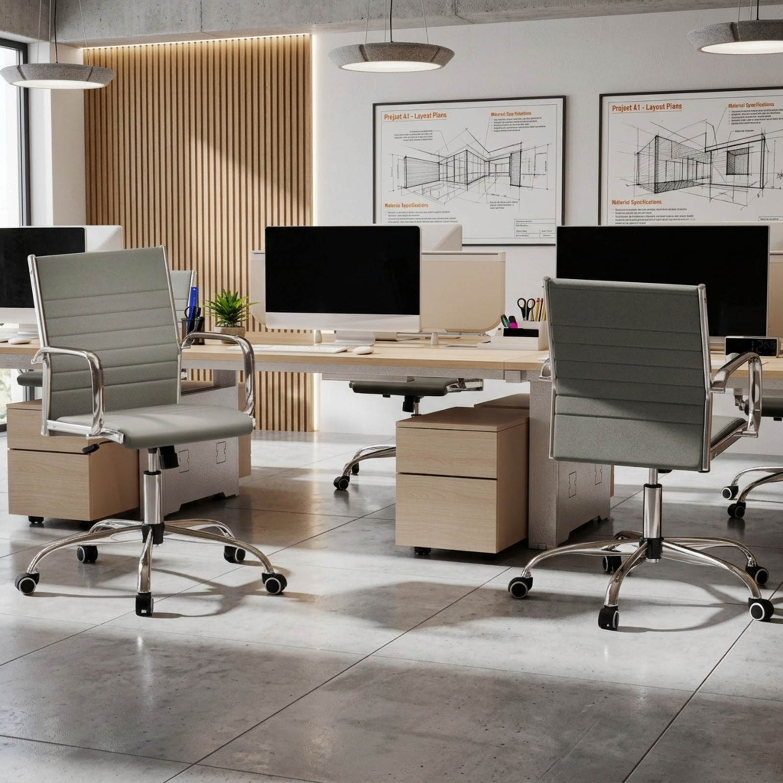Furnibear Height Adjustable Office Chair Conference Room Chair with Rocking Backrest and Armrests for Home Office Desk Work, Grey, Gray
