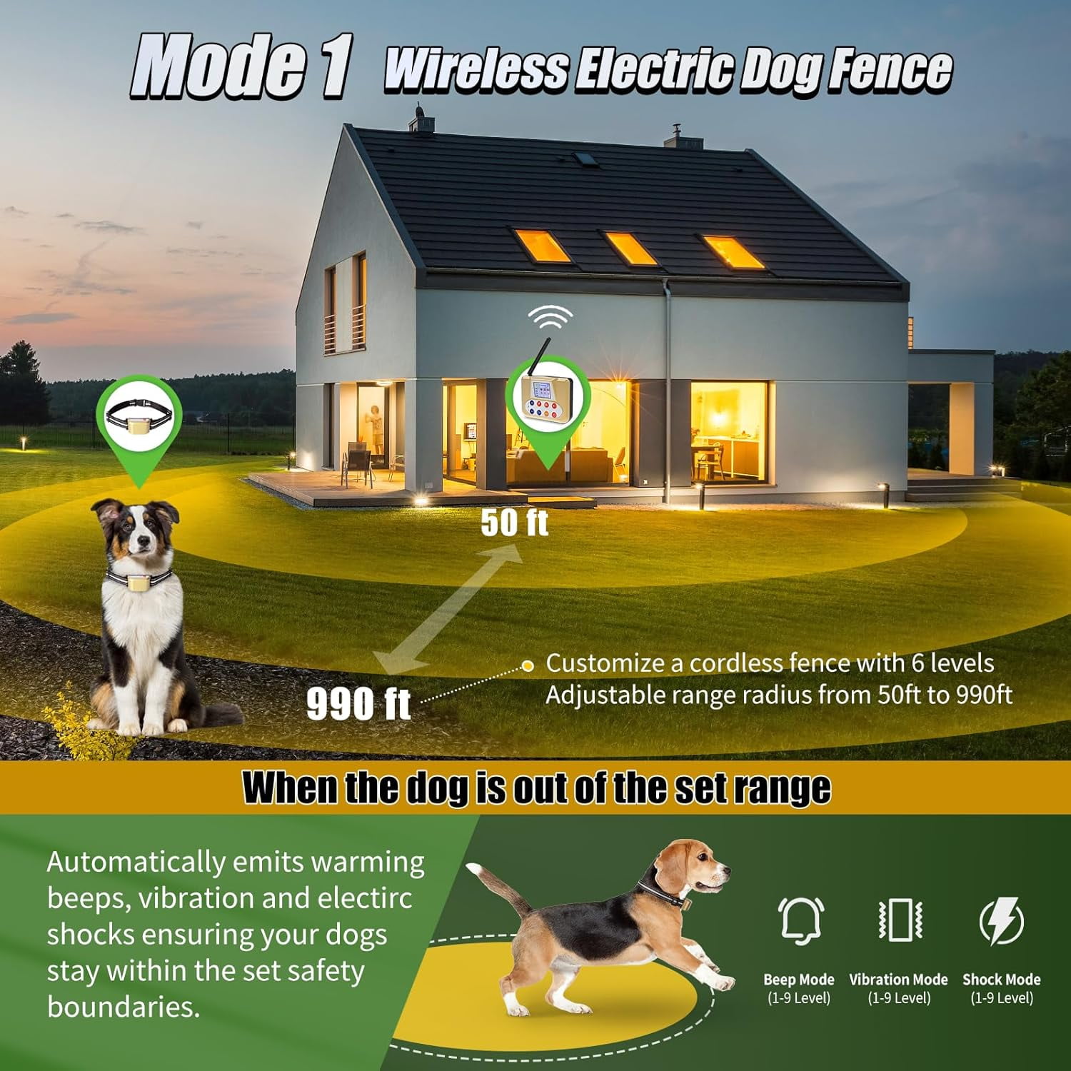Gold Wireless Dog Fence for 2 Dogs, Electric Fence with BIG LCD Screen, Portable Fence with 2.4G Signal, Remote Training Collar, Dog Containment System, Adjustable for Big Medium Small Dogs