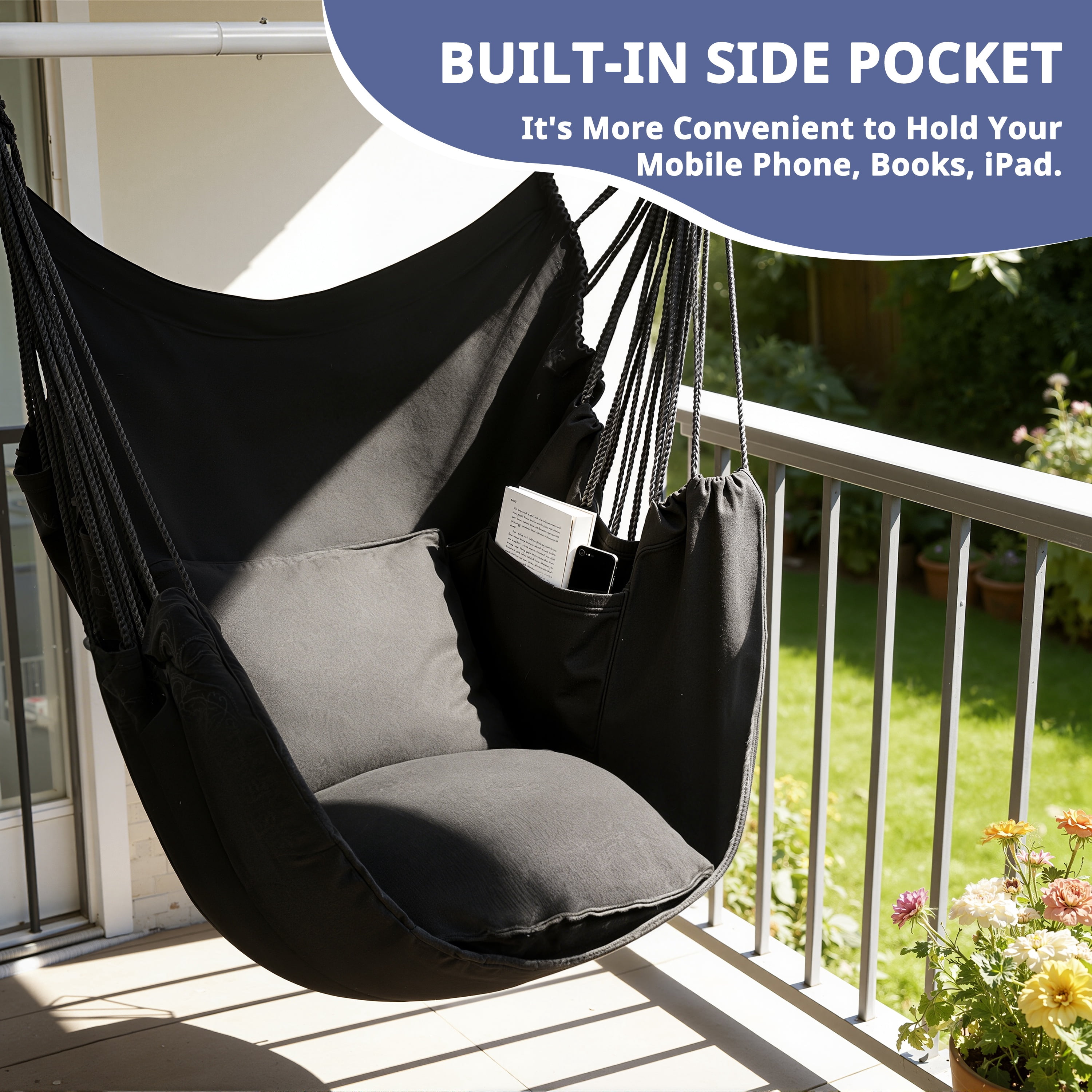 Large Hammock Chair Swing, Relax Hanging Rope Swing Chair with Detachable Metal Support Bar & Two Seat Cushions, Cotton Hammock Chair Swing Seat for Yard Bedroom Patio Porch Indoor Outdoor