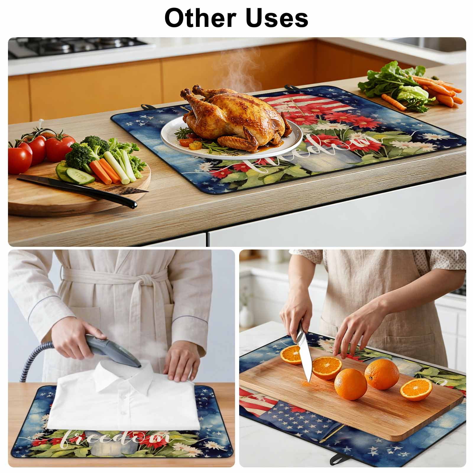 4th of July Stove Top Cover for Electric Stove, Heat-proof & Non Slip Glass Top Stove Cover Protector, Watercolor Floral Botanical American Flag Kitchen Flat Cooktop Rubber Mat 24x21 Inches