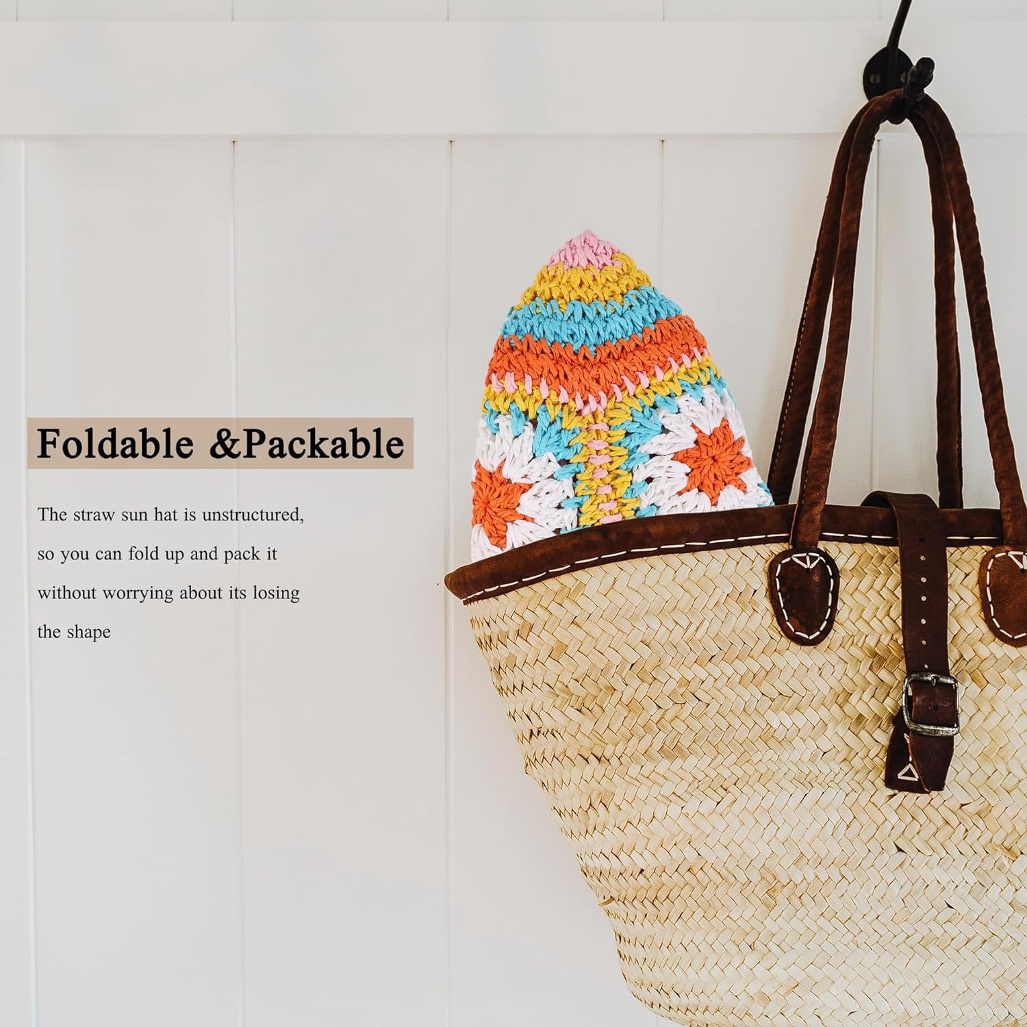 Multicolor Floral Crochet Straw Sun Hat Foldable Packable 