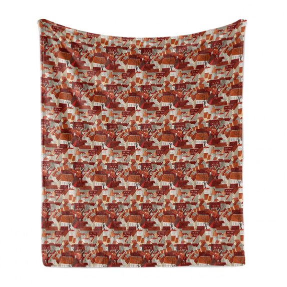 City Soft Flannel Fleece Throw Blanket, Landscape Illustration with Tile Roof Pattern Urban Architecture Ornamental Design, Cozy Plush for Indoor and Outdoor Use, 70" x 90", Multicolor, by Ambesonne