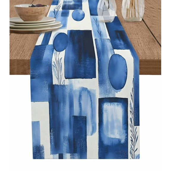Abstract Blue Table Runner Cotton Linen 48 Inch Holiday Dresser Scarves, Geometric Leaves Modern Minimalist Tablerunner for Kitchen Coffee Dining Bedroom Living Room Dinner Scarf Décor 13''x48''