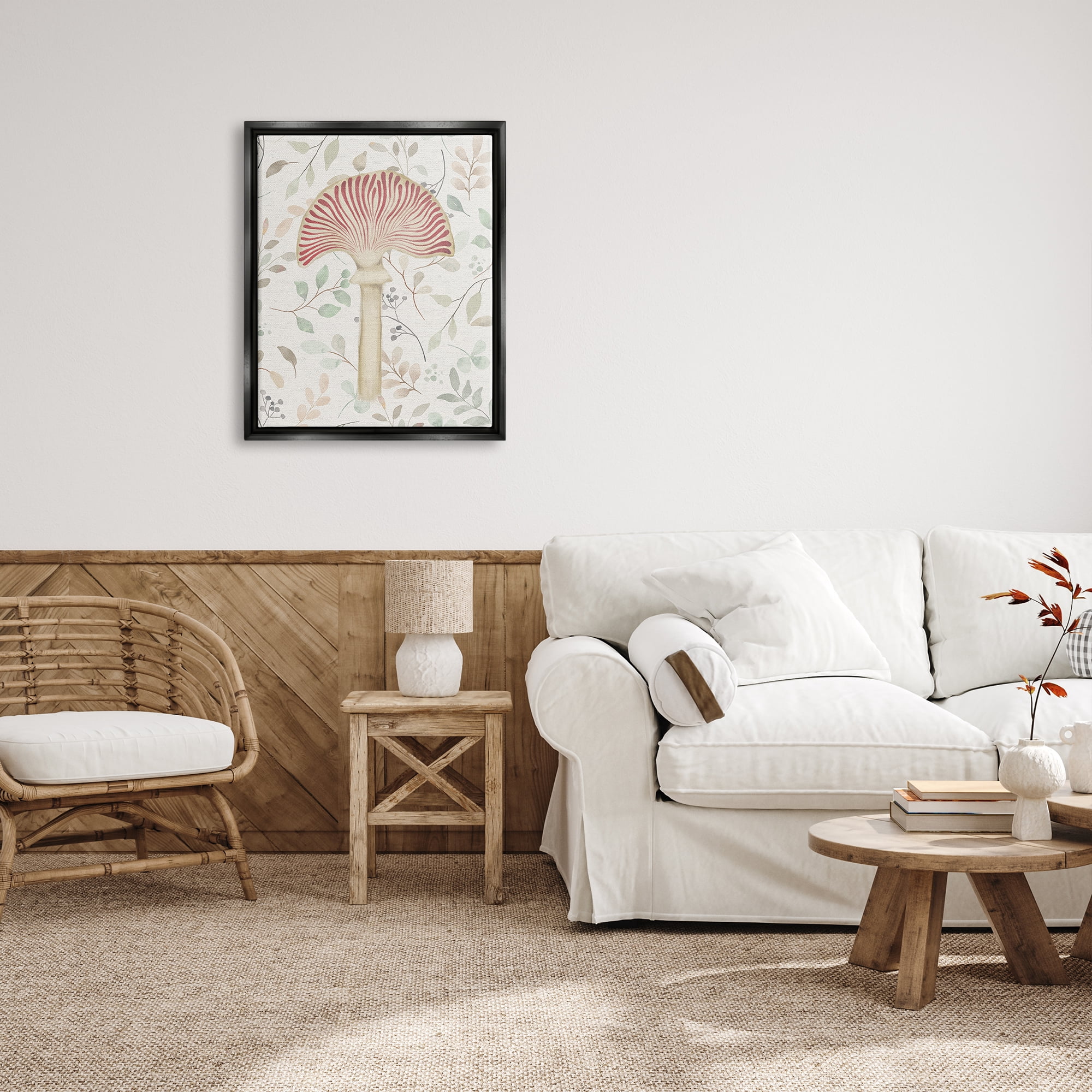 Stupell Industries Soft Botanicals & Mushroom Botanical & Floral Painting Black Floater Framed Canvas Art Print Wall Art, 25 x 31