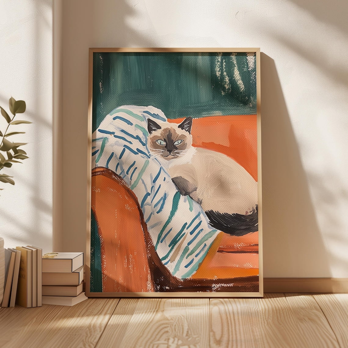 Siamese Cat Art Print Cozy Cat on Orange Couch