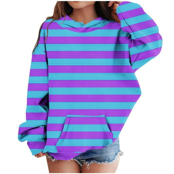 Bnwani Girls Hoodies Crew Neck Long Sleeve Pockets Short Sweatshirt Striped Plaid Graphic Printed Tops Pullover