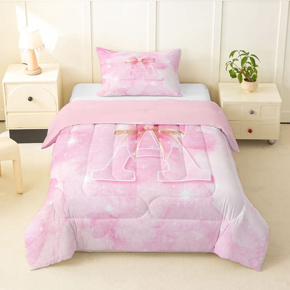 Manfei Sweet Pink Bow Twin Comforter Sets,Girls Personalized Letter A Bedding Set,Pink Reversible,2 Pieces,1 Comforter and 1 Pillowcase