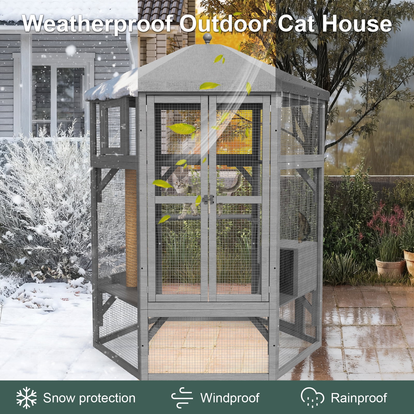 TIMHAKA 65" Catio Outdoor Cat Enclosure, Large Cat House w/ Waterproof Roof, Window Access, Multiple Platforms & Scratching Post for Multi-Cat Use, Gray
