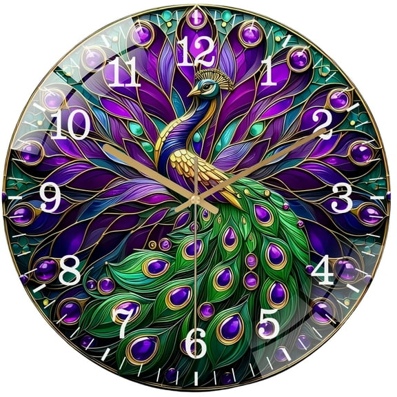 Decorative Clocks： Spring Peacock Wreath  Glass Wall Clock for Homes, Bars, Offices, Man Caves, Garages, And Living Rooms. Also Makes A Great Gift. Style 12×12inch(30×30cm)