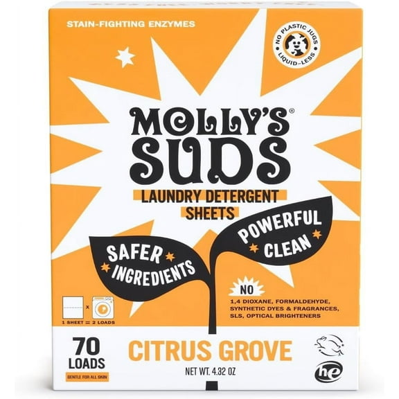 Molly’s Suds Laundry Detergent Sheets | Gentle on Sensitive Skin, Stain-Fighting | Liquidless & Plastic-Free Packaging | 70 Loads (Citrus Grove)