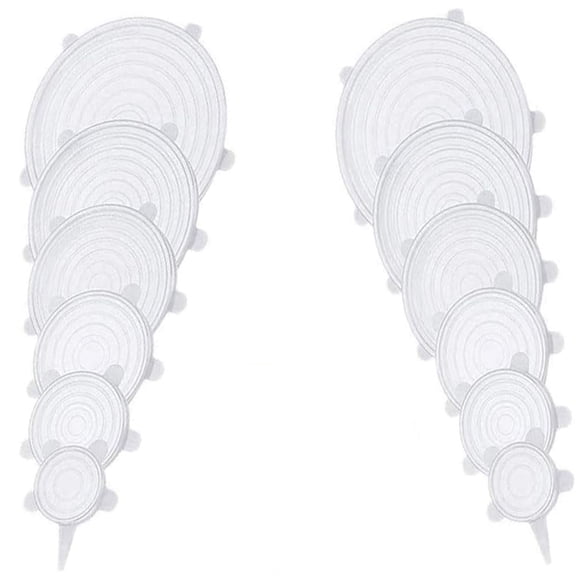 12 Pack Silicone Stretch Lids Set, 6 Sizes Reusable Covers for Bowls Containers, Flexible Seal to Fit Round Odd-Shaped Mugs Pots Fruits, White