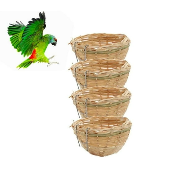 Pack of 4 Small Bird Nest,QZS Reusable Bird Bamboo Nest for Indoor,Birds Cages Accessory with Metal Hook for Finch,Parakeet,Budgie