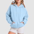 thumbnail image 2 of Women's Blouse Fall Winter Loose Fit Hooded Long Sleeve Bubble Cuff Off the Shoulder with Pocket Solid Color Leisure Flannel Sweatshirts Hoodies(Light Blue,M), 2 of 6