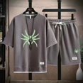 thumbnail image 3 of Conjunto deportivo informal de marca de moda de verano para hombre con pantalones cortos holgados de manga corta y cuello redondo, conjunto de dos piezas con diseño de gofre, conjunto de versión corea, 3 of 5