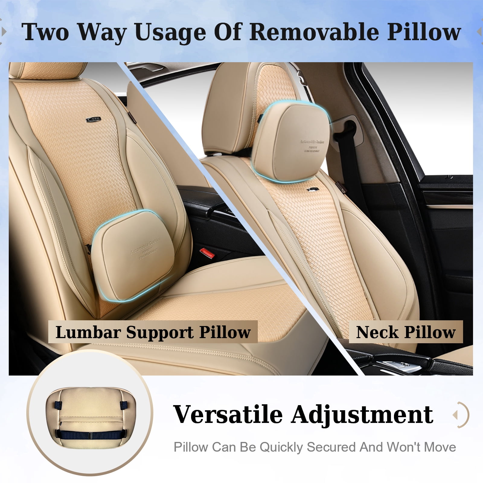 Coverado Car Seat Covers Full Set, Waterproof High-grade Leather Seat Protectors with Lumbar Support, Auto Cushions Universal Fit for Most Cars SUV Trucks, Beige