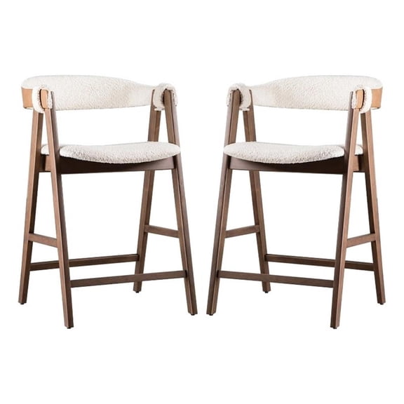Ebik Counter Stool Chair Set of 2-Walnut Brown Wood-Beige Boucle