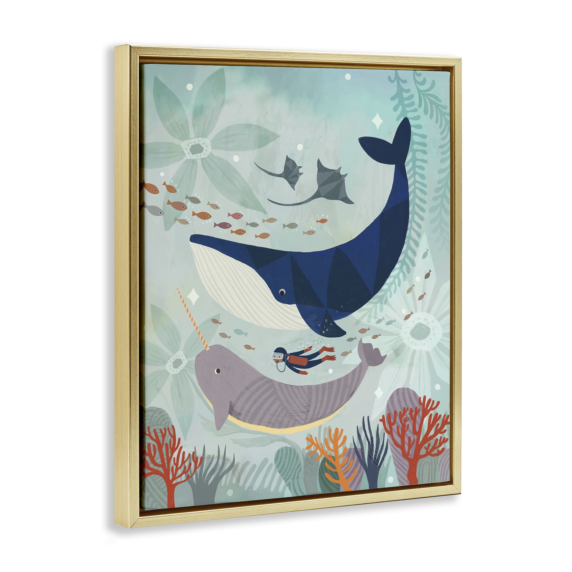 Stupell Industries Scuba Diver Among Whales Nautical & Beach Painting Gold Floater Framed Canvas Art Print Wall Art, 17 x 21