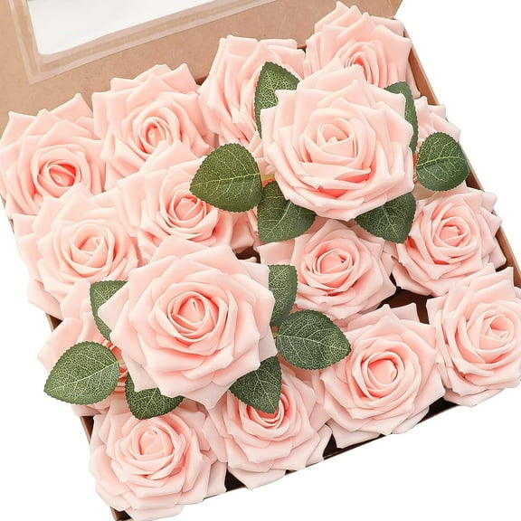 Artificial Flowers 16pcs 3.5" Real Looking Blush Foam Fake Hybrid Tea Roses with Stems for DIY Wedding Bouquets Pink Bridal Shower Centerpieces Floral Arrangements Party Tables Home Decoration