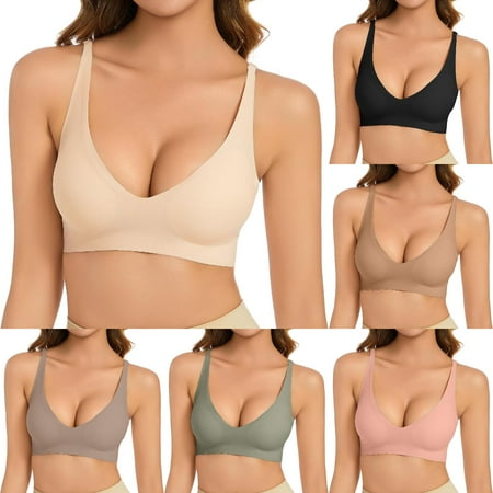 LUOGENLI Female Women Bras Wireless Padded Black 36C 6 Pack Women s Bra without Underwire V Neck Comfort Soft Bra Push up Seamless Bra Lightly Padded for A Feel Fit Bralette *6Pcs XXL