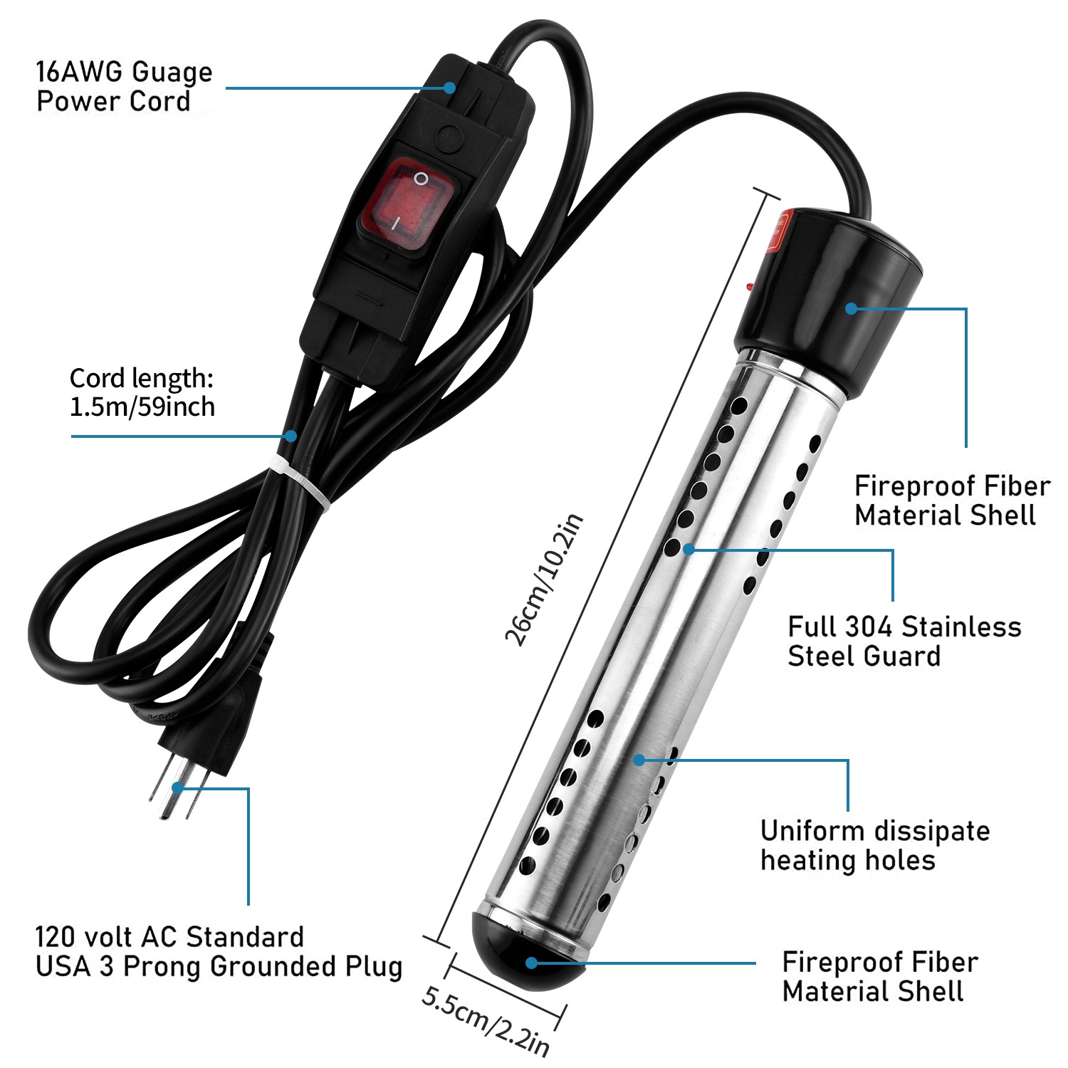Immersion Water Heater,1500W Submersible Anti-scalding Bucket Heater with Full 304 Stainless-steel Guard,Rapid Heating in Minutes Black