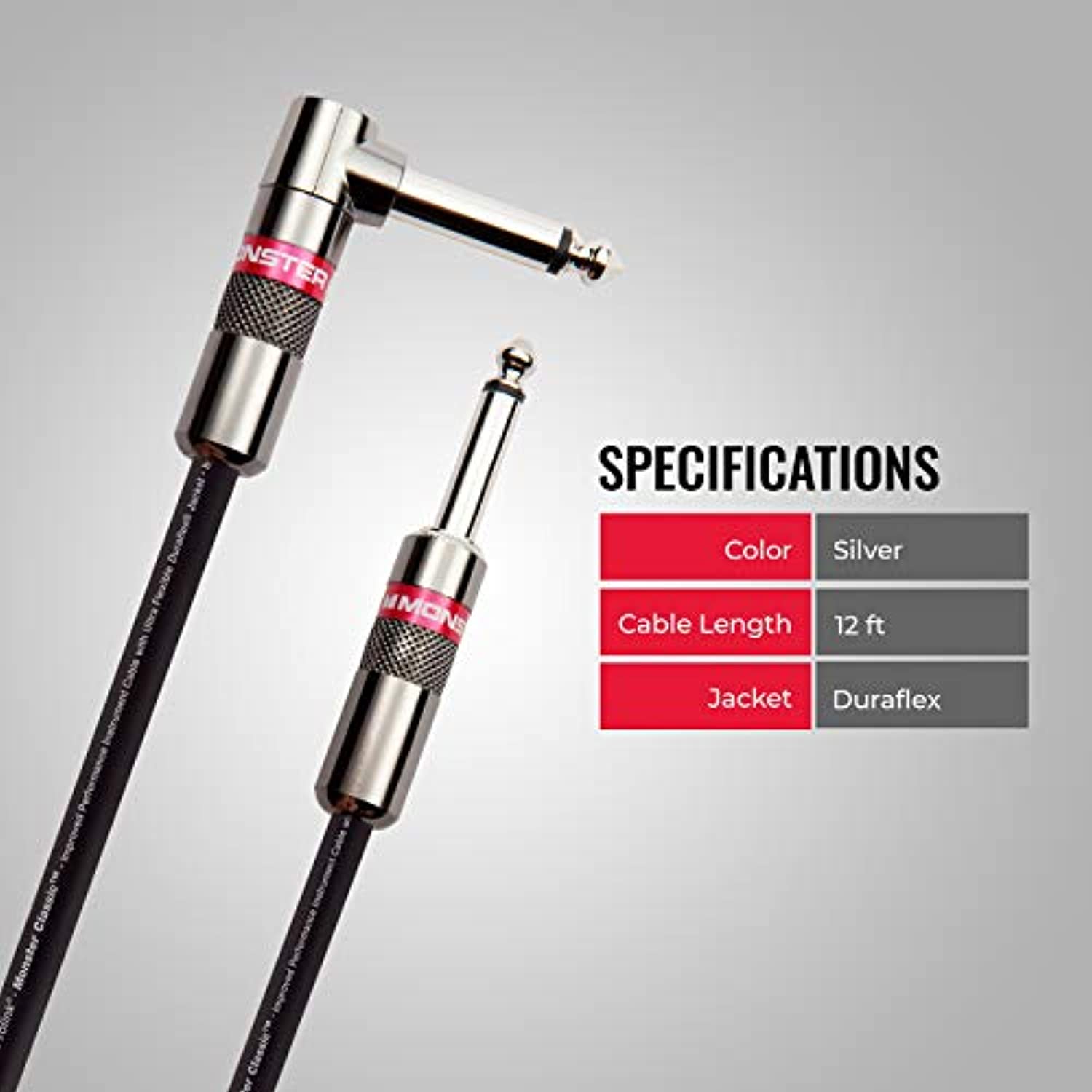 Monster 600495-00 Prolink Monster Classic 1/4" Instrument Cable. 12 ft - Right Angle to Straight