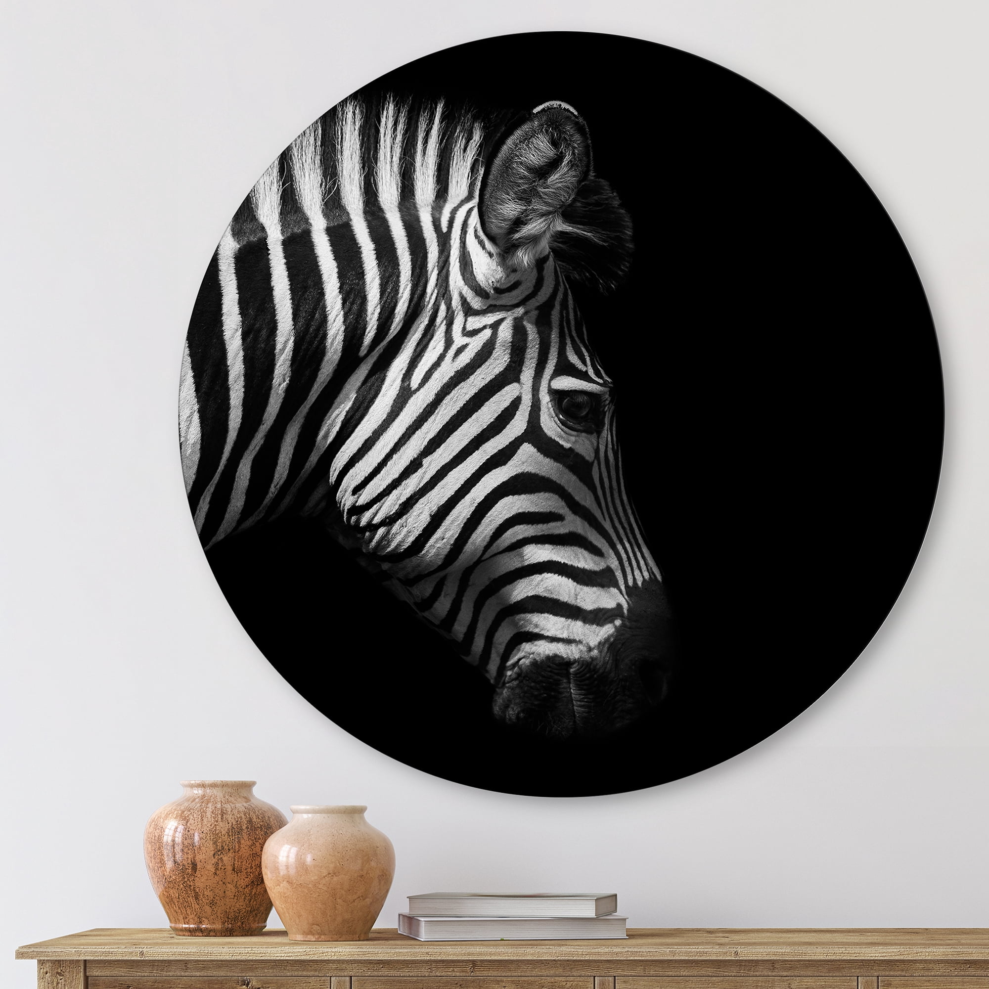 Designart 'Black and White Portrait of Zebra Head' Farmhouse Circle Metal Wall Art 23x23 - Disc of 23