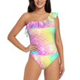 thumbnail image 2 of Picia Fish Scale Pattern Women's One Piece Swimsuits,One Shoulder Swimwear Asymmetric ,Ruffle Monokinis Bathing Suits,High Waisted Flattering Bathing Suits-Small, 2 of 8