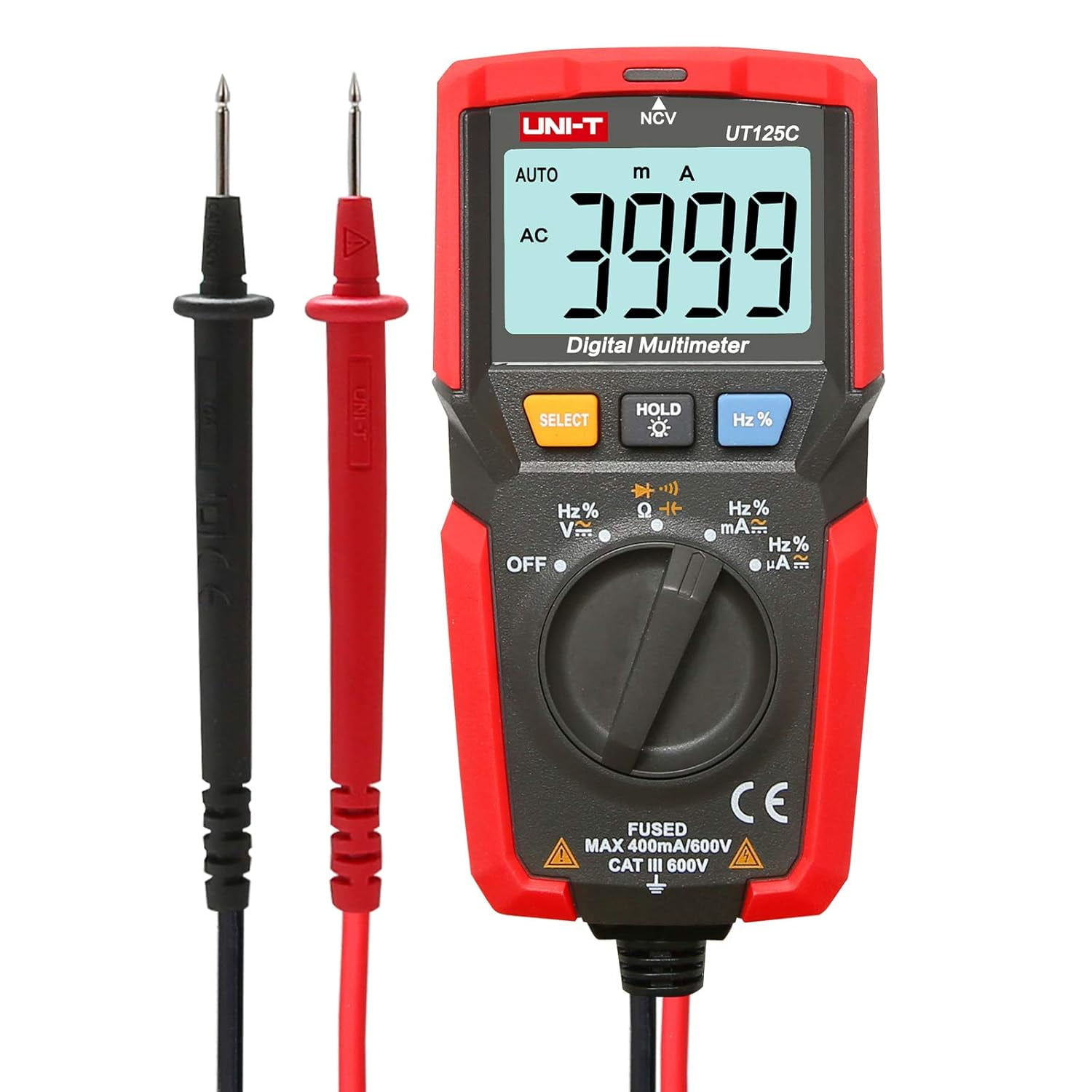 CATPAN UT125C Digital Multimeter Pocket Multi Tester, 4000 Counts AC DC Voltage AC DC Current Resistance Capacitance Frequency Duty Cycle NCV Diode Test Continuity Test Data Hold Auto Power Off