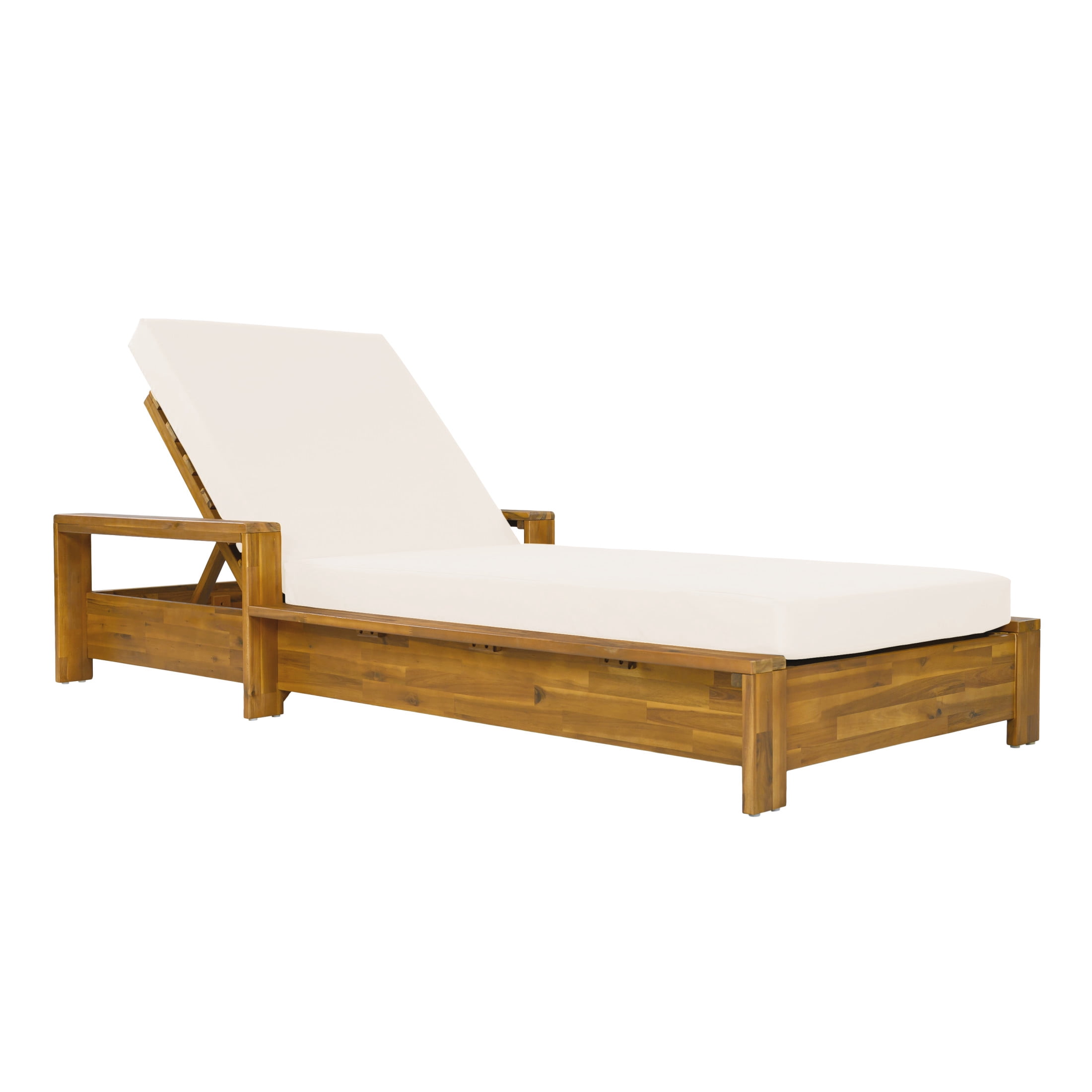 Christopher Knight Home Acacia Wood Outdoor Chaise Lounge Set with Armrests, 2-Fold Cushion, Teak + Cream