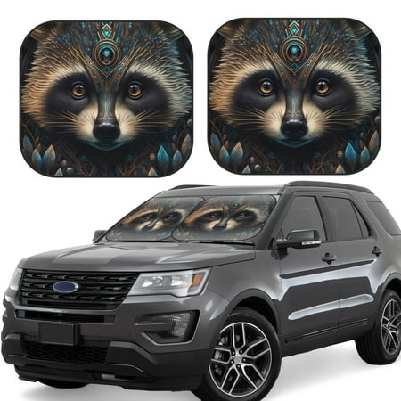 Hirioo Tribal Style Raccoon for 2PCS Windshield Sun Shade Foldable | Front Windshield Shade for Sun Heat and UV Rays-Large