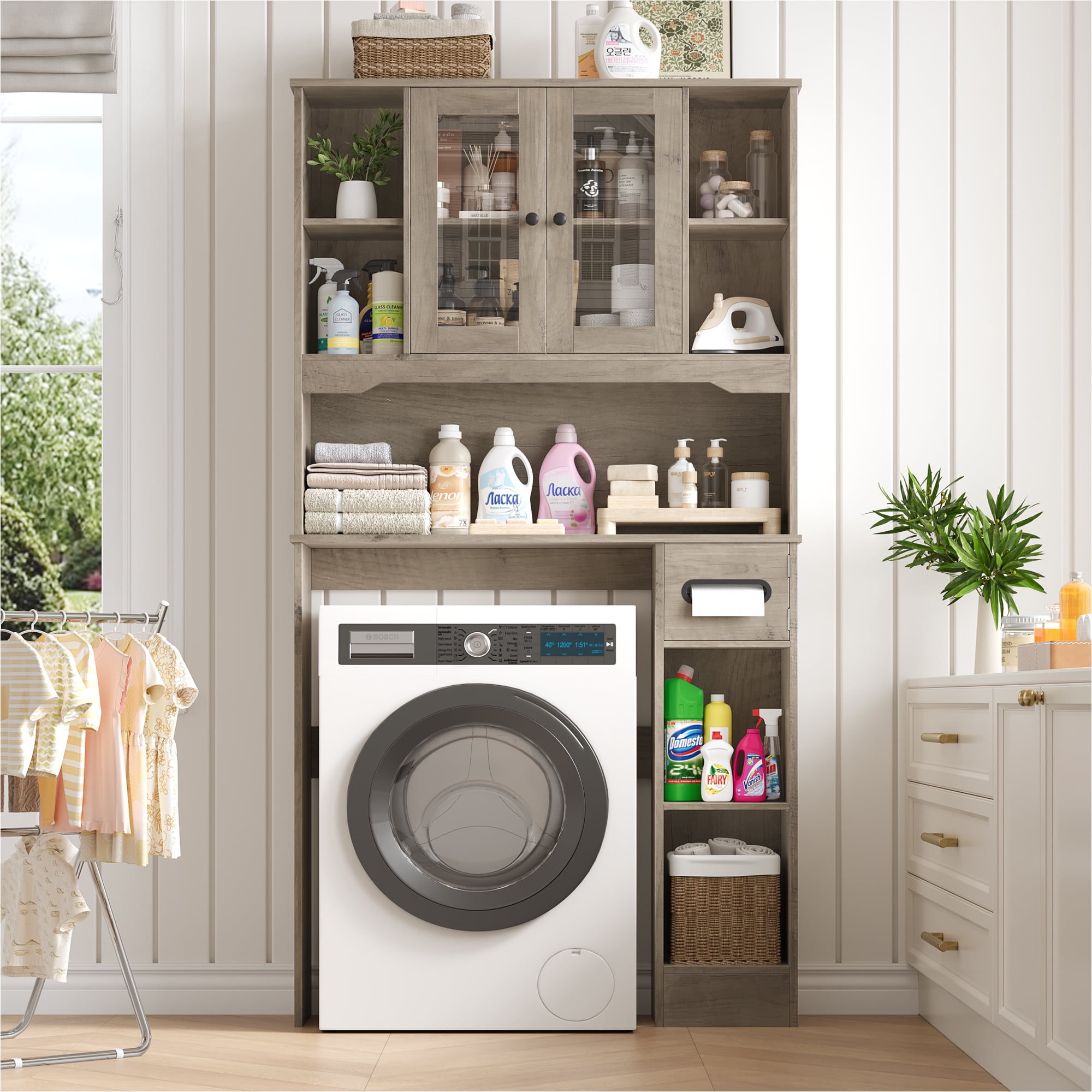 Homfa Over The Toilet Storage Cabinet with Toilet Paper Holder Stand, Above Toilet Organizer with Glass Doors, Behind Toilet Shelf for Restroom, Bathroom, Laundry, Wash Gray