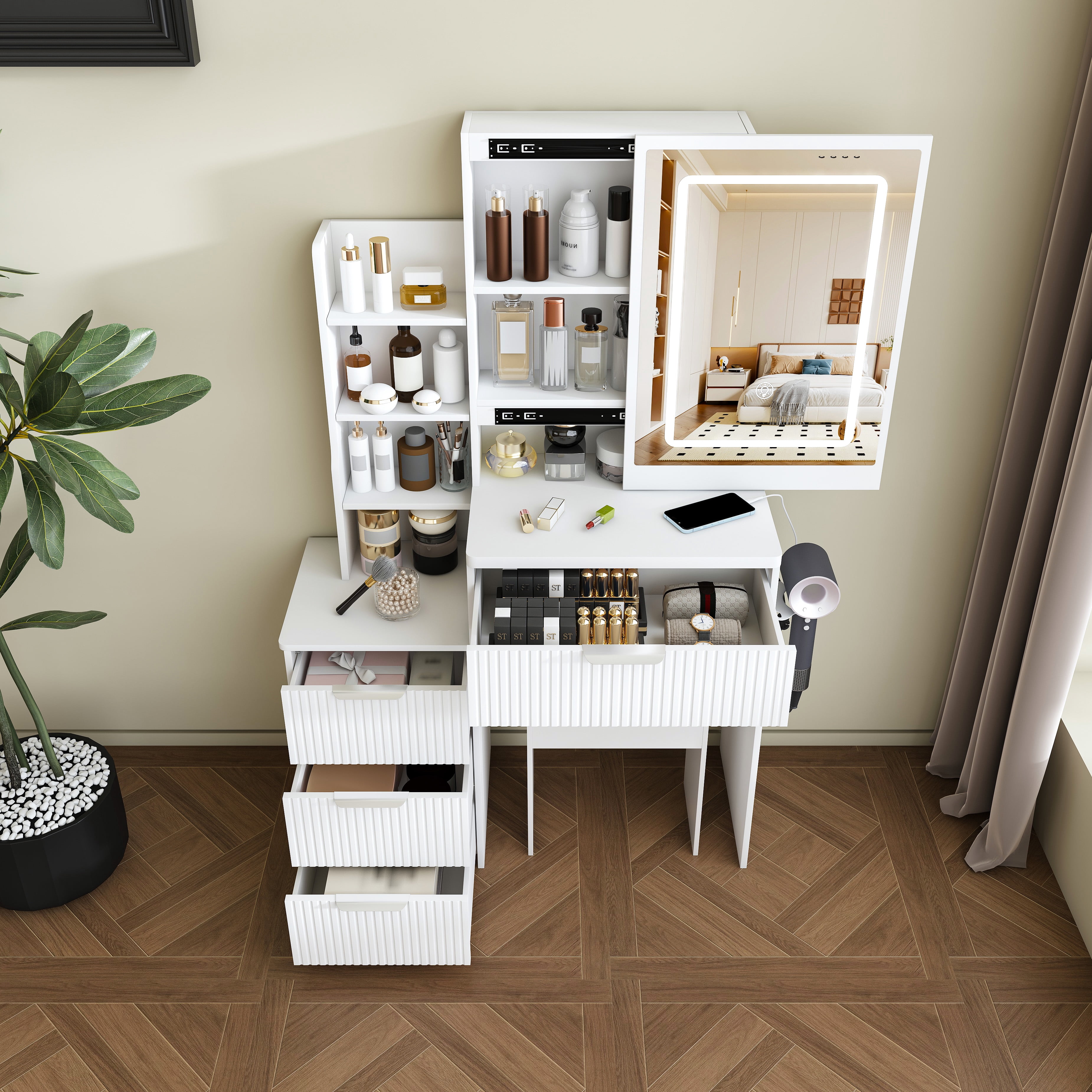 Modern Vanity Desk with LED Mirror and 3 Lighting Modes, Makeup Table with 4 Drawers and Power Outlet, Hair Dryer Holder and Stool for Bedroom, White