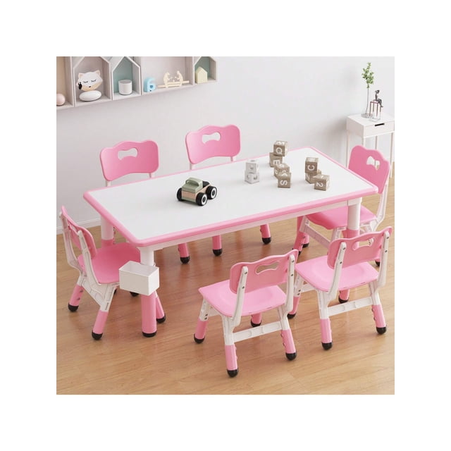 Para niños mesa y 6 sillas set almacenamiento box: ajustable altura niños pequeños mesa y chair set ages 2 - 10, superficie grafiti, non-slip legs, children's activity mesa daycare, classroom...
