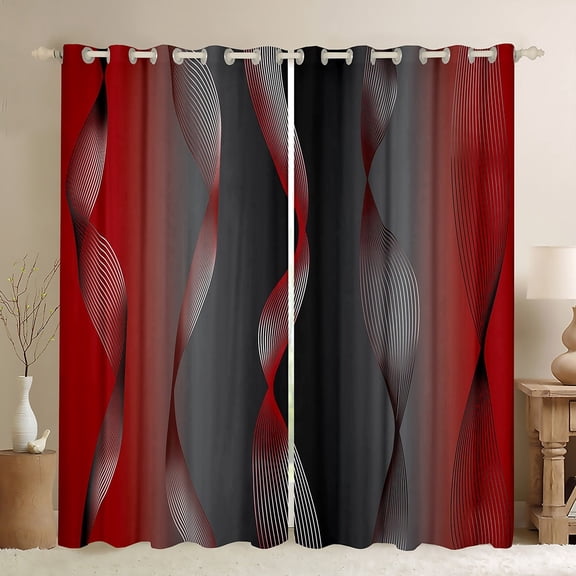 Gradient Red and Grey Black Blackout Curtains Ombre Curtains & Drapes,Spiral Silver Print Wave Striped Pattern 2 Panels 42"Wx63"L Curtains,Abstract Art Room Decor Aesthetic