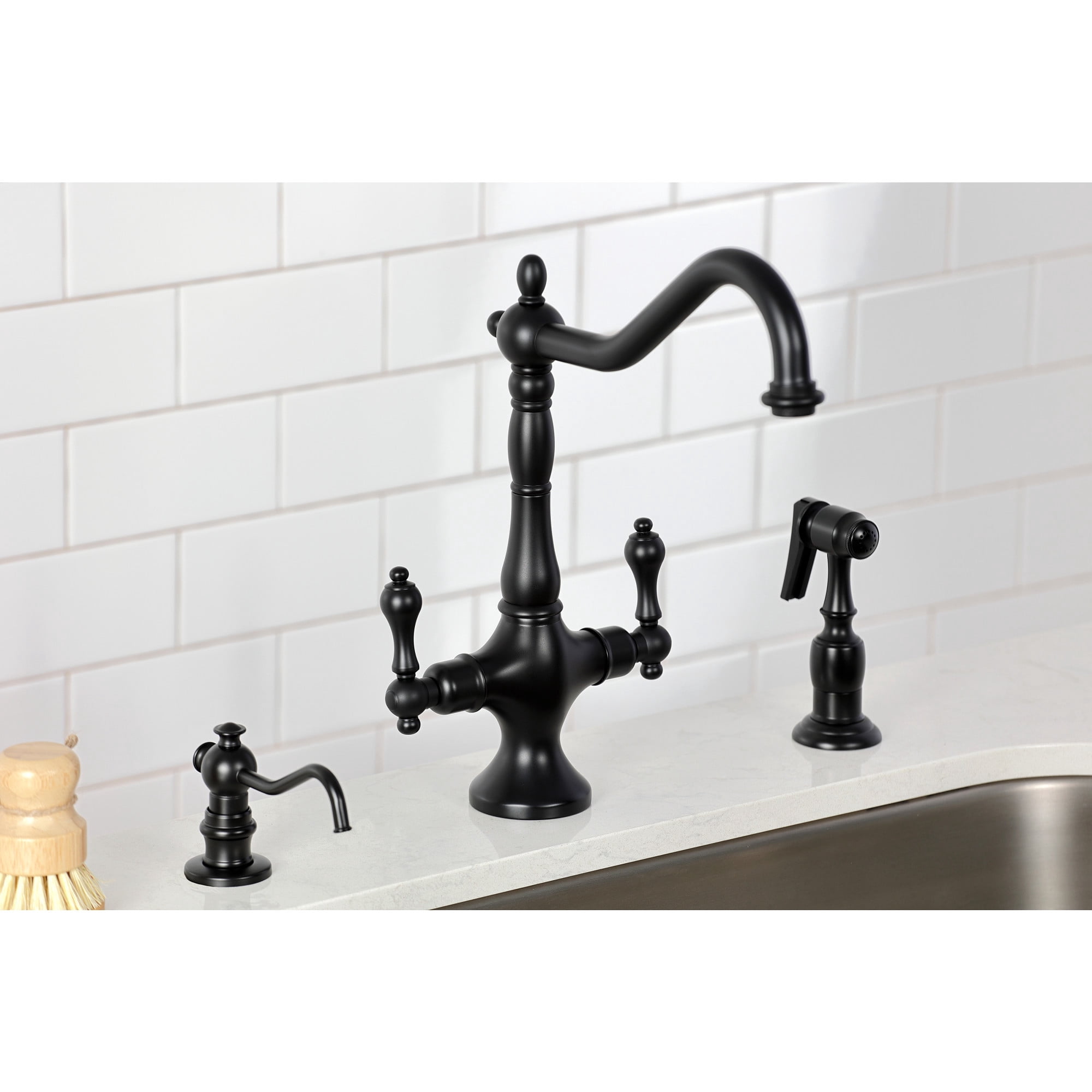 Kingston Brass KS1770ALBS Heritage Two-Handle 2-Hole Kitchen Faucet with Brass Sprayer in Matte Black