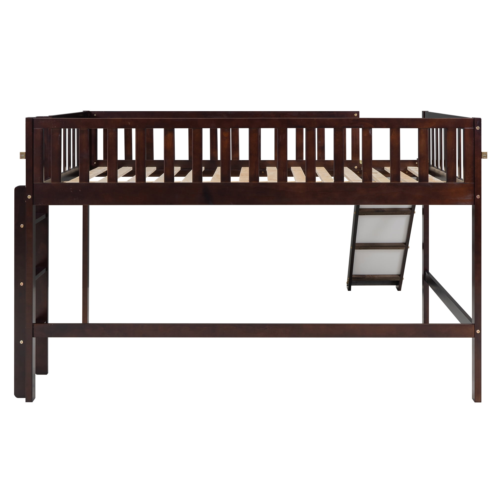 Euroco Wood Full Size Loft Bed, Low Profile Bed with Vertical Ladder and Slide for Kids Teens, Espresso