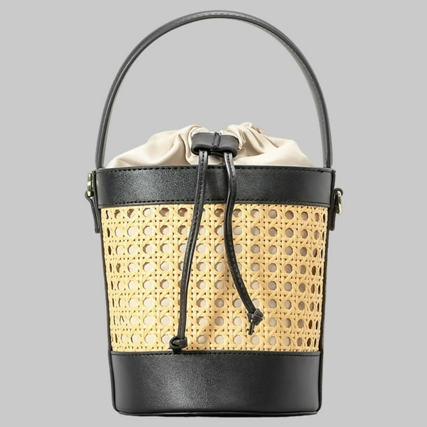 Rattan Bag PU Leather Straw Beach Bag Summer Hollow Shoulder Bag Holiday Travel Handbag for Women Black Walmart