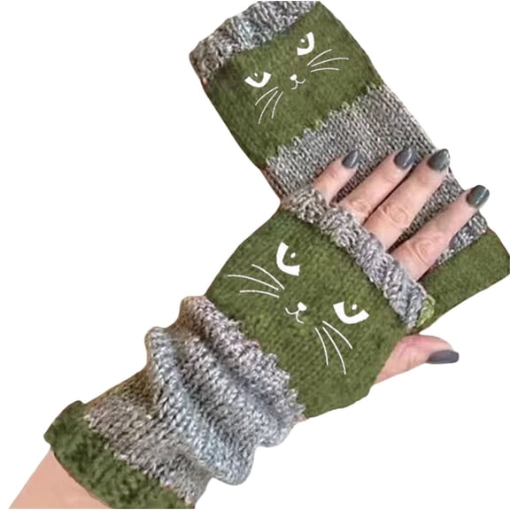 Gloves for Women Men Cat Embroidery Splicing Knitted Gloves Warm Gloves Fashion Leaky Finger Casual Glove Green One Size