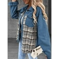 thumbnail image 6 of Women'S Oversized Casual Long Sleeve Button Down Plaid Shacket Boyfriend Jean Jacket with Pockets Blue XL, 6 of 9