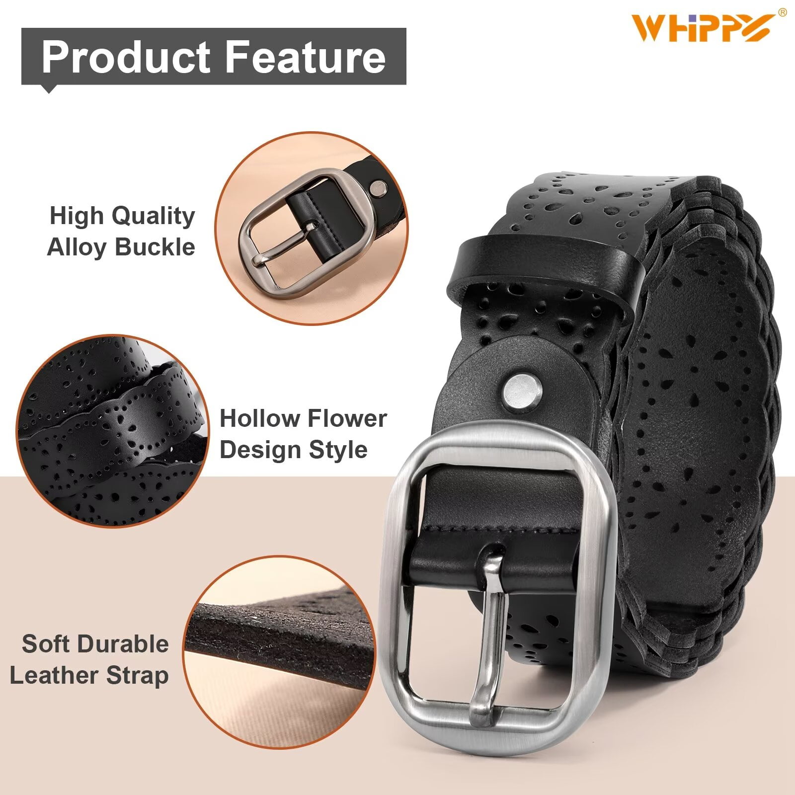 WHIPPY Women's Leather Belt with Hollow Flower, Adjustable